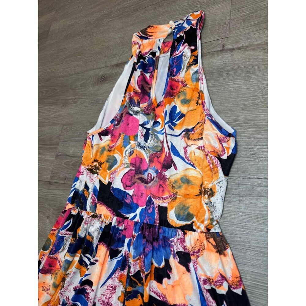 Floral Halter Maxi Dress Gold Waist Detail Tropical Resort Large - Picture 8 of 8
